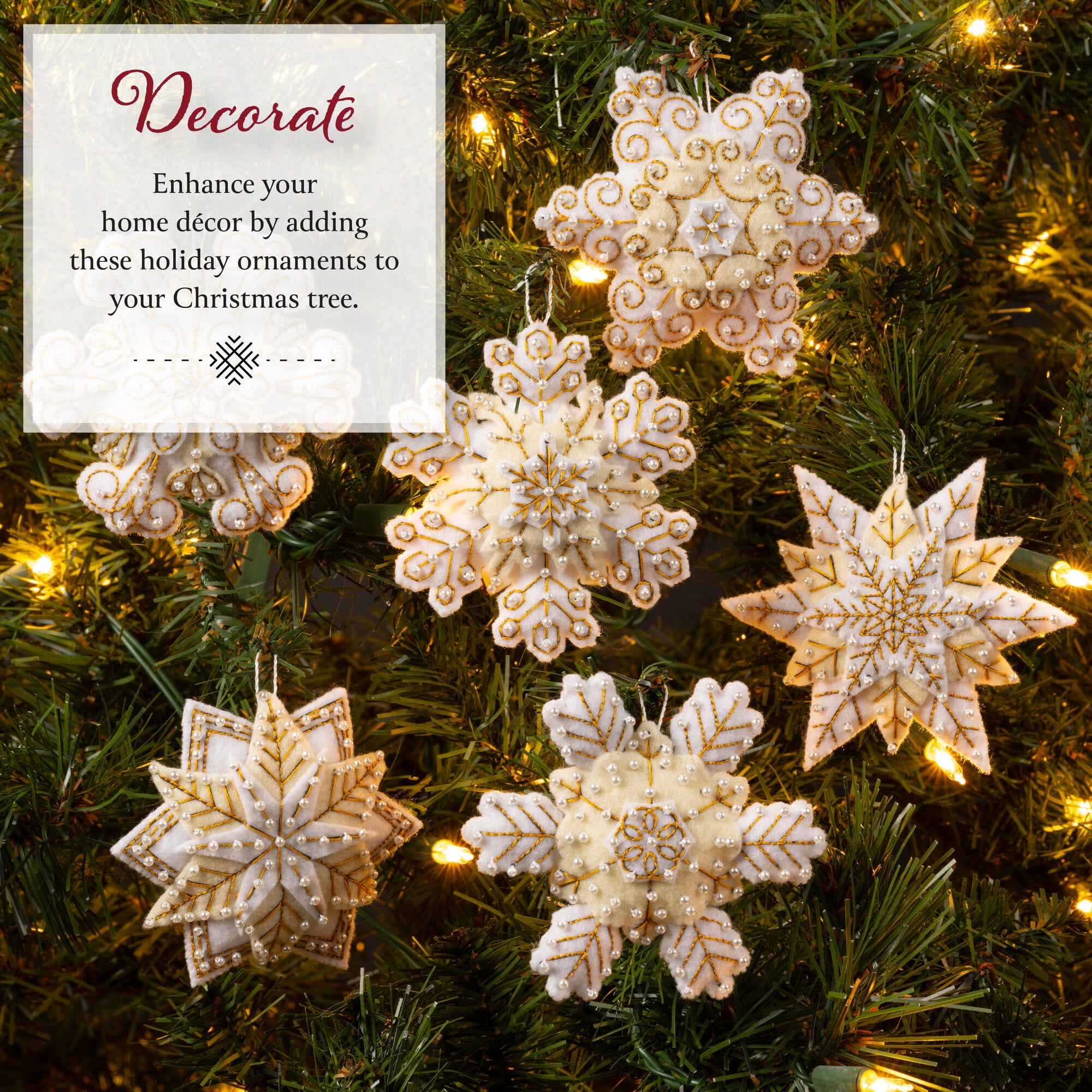 Bucilla Pearl Snowflake 6 Count Felt Applique Ornament Kit, 4.25 x 4 in