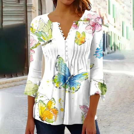 

Lenago Plus Size Womens Tops Casual Trumpet 3/4 Sleeve Printed Buttoned Basic Ruched Corset Tunic Tops Pleated T-shirts Tunic Tops Flare Blouse Summer Savings Clearance