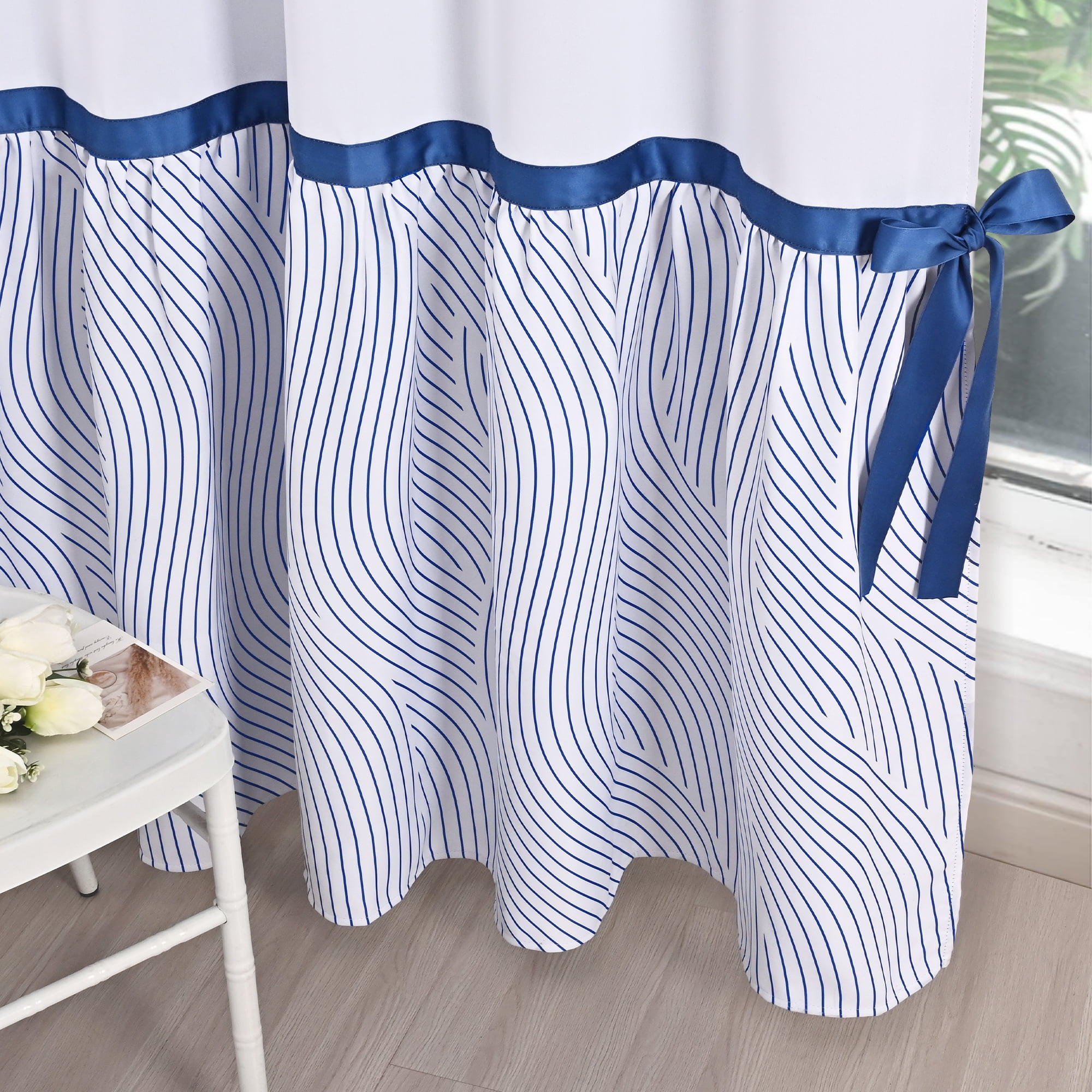 Alishomtll Blackout Curtains 63 Inch Length Color Block Blue Stripe Bow Design Thermal Insulated Window Drapes for Bedroom Living Room,52"x 63", 2 Panels