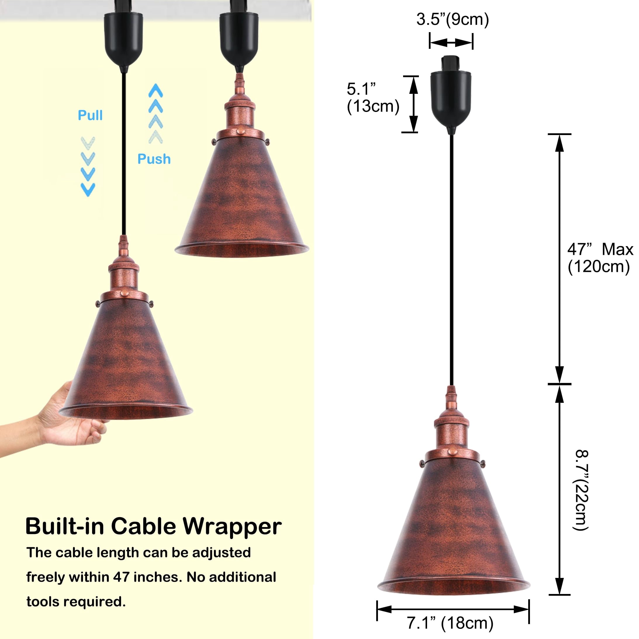 Kiven L-Type track lighting pendants Adjustable Height,L track pendant lights with Rusty Red Iron Lampshade,Farmhouse Track Lighting Fixture for Kitchen Cafe Hallway, E26 Socket