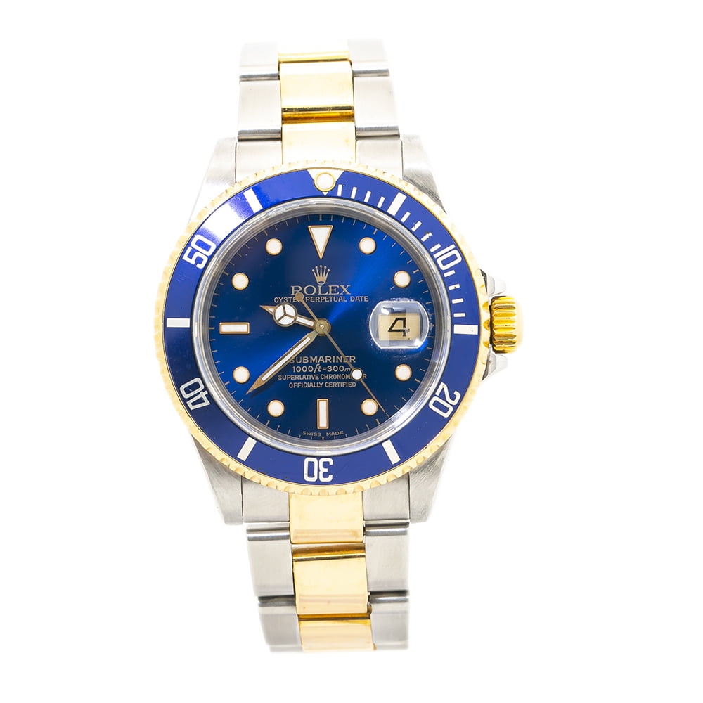 Rolex Submariner 16613 18K Gold thru Buckle Two Tone Blue Watch Papers