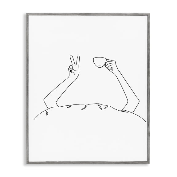 Stupell Industries Contemporary Coffee In Bed Peace Sign Minimal Line Drawing Gray Framed Giclee Art, 16 x 20, by JJ Design House LLC