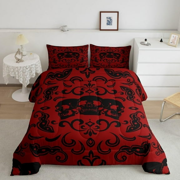Halloween Skull Comforter Set King Retro Baroque Damask Goth Bedding Set Halloween Red Black Skeleton Gothic Bedding Comforter Sets Men,Reversible Black Horror Quilt 2 Pillow Cases