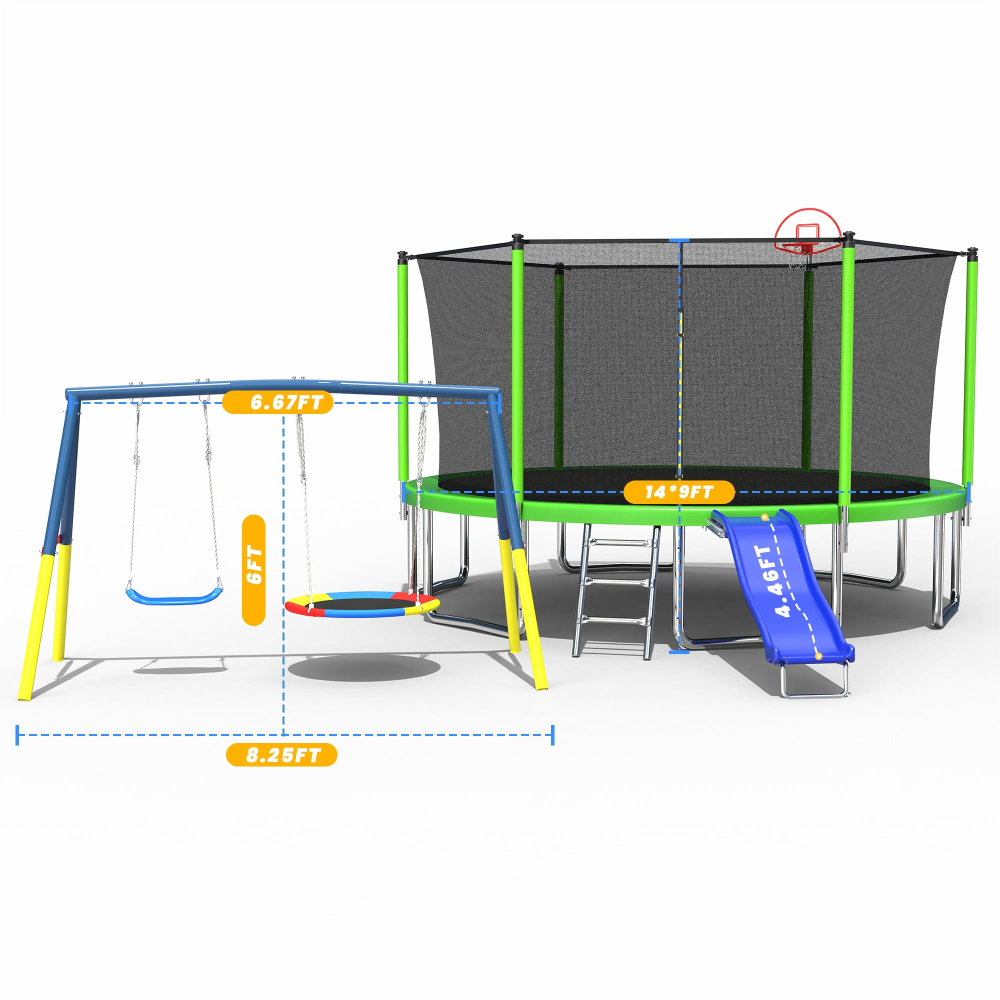 Mersco 14FT Heavy Duty Trampoline with Enclosure Net , Swing Set Outdoor Big Trampoline for Backyard,Kids Trampoline with Basketball Hoop,Birthday and Holiday Gifts for Kids,Blue