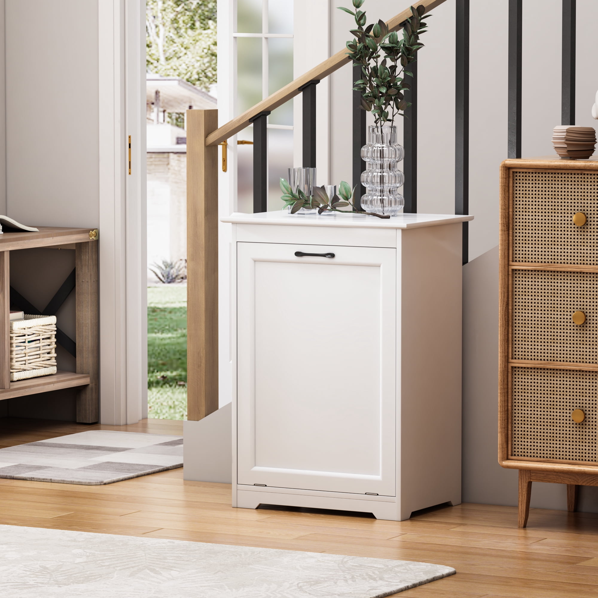 JAXPETY 10 Gallon Tilt Out Trash Cabinet Kitchen Free Standing Storage Can Holder Garbage Recycling Cabinet Wood, White