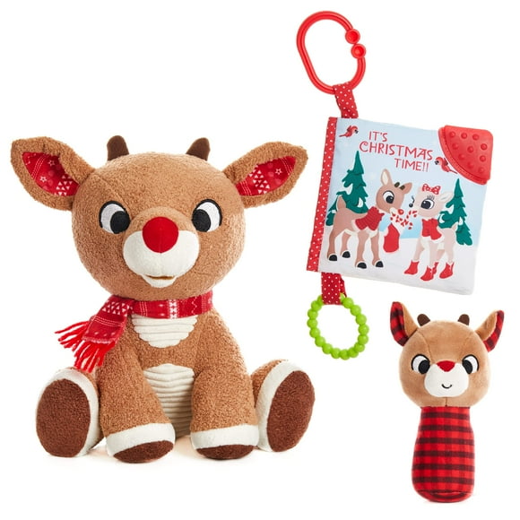 Rudolph Red-Nosed Reindeer Set includes plush toy, rattle, and teether book. Perfect gift for kids aged 0+.