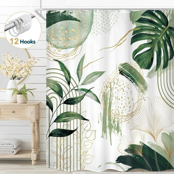 Dznils Boho Shower Curtain with Hooks, Modern Abstract Fabric Bathroom Curtain, 72" x 72", Green