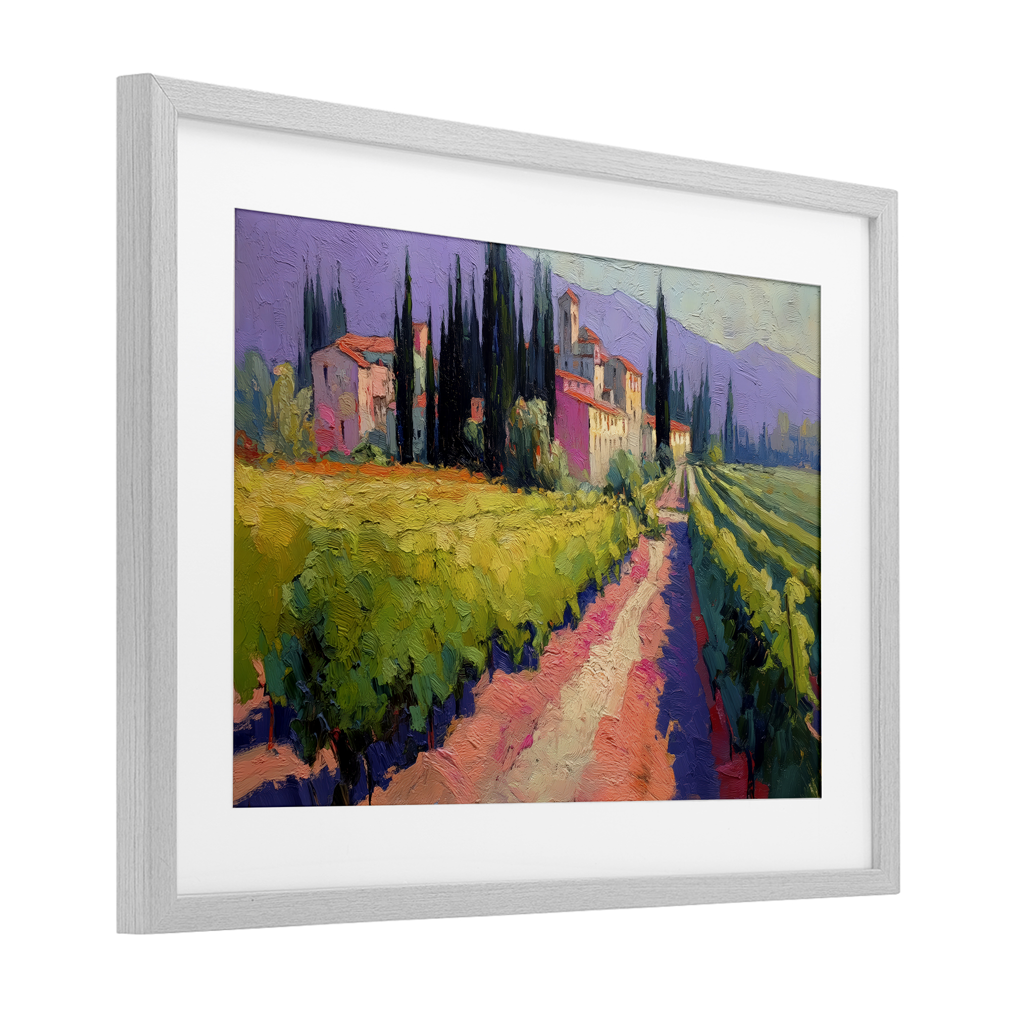 Purple Mountains Village Gray Framed Print Under Glass, design by Annabelle Hall