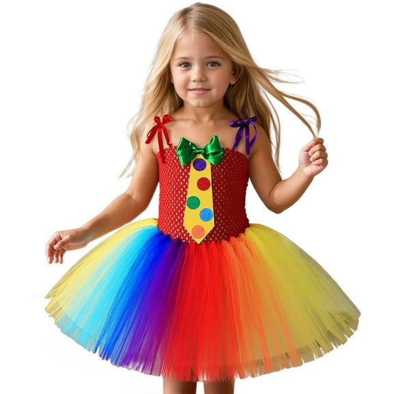 FYEGRE Elegant Kids Circus Clown Dress Tutu Skirt Performance Halloween Party Outfit For Girls Multicolour M