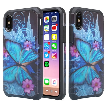 iPhone XS Case, iPhone X [Shock Proof] Hybrid Dual Layer Armor Defender Protective Phone Case Cover (Blue Butterfly)