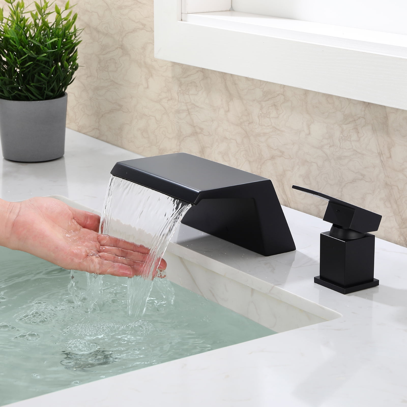 Cobbe Single Handle 2-Hole Mount Bathroom Sink Faucet with Wide Waterfall Spout Matte Black