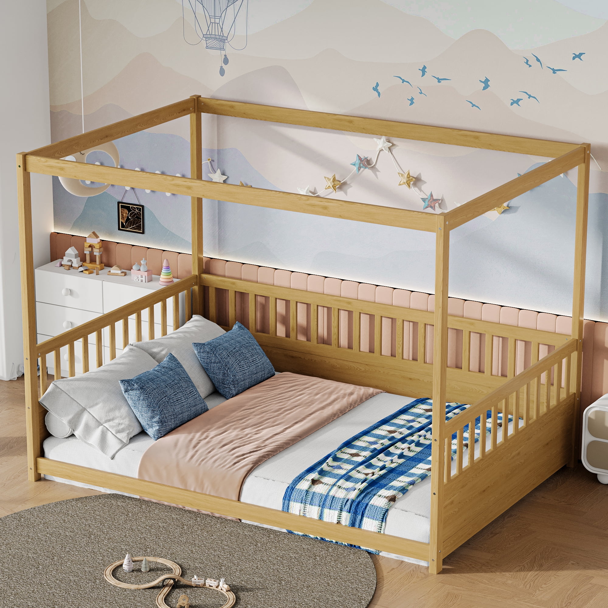 Canopy Bed Frame with Guardrails for Kids, Full Size Floor Bed with Four Poster Design, Natural Pine Wood Montessori Bed, Low Profile Floor Bed with 21.45-Inch Guardrail
