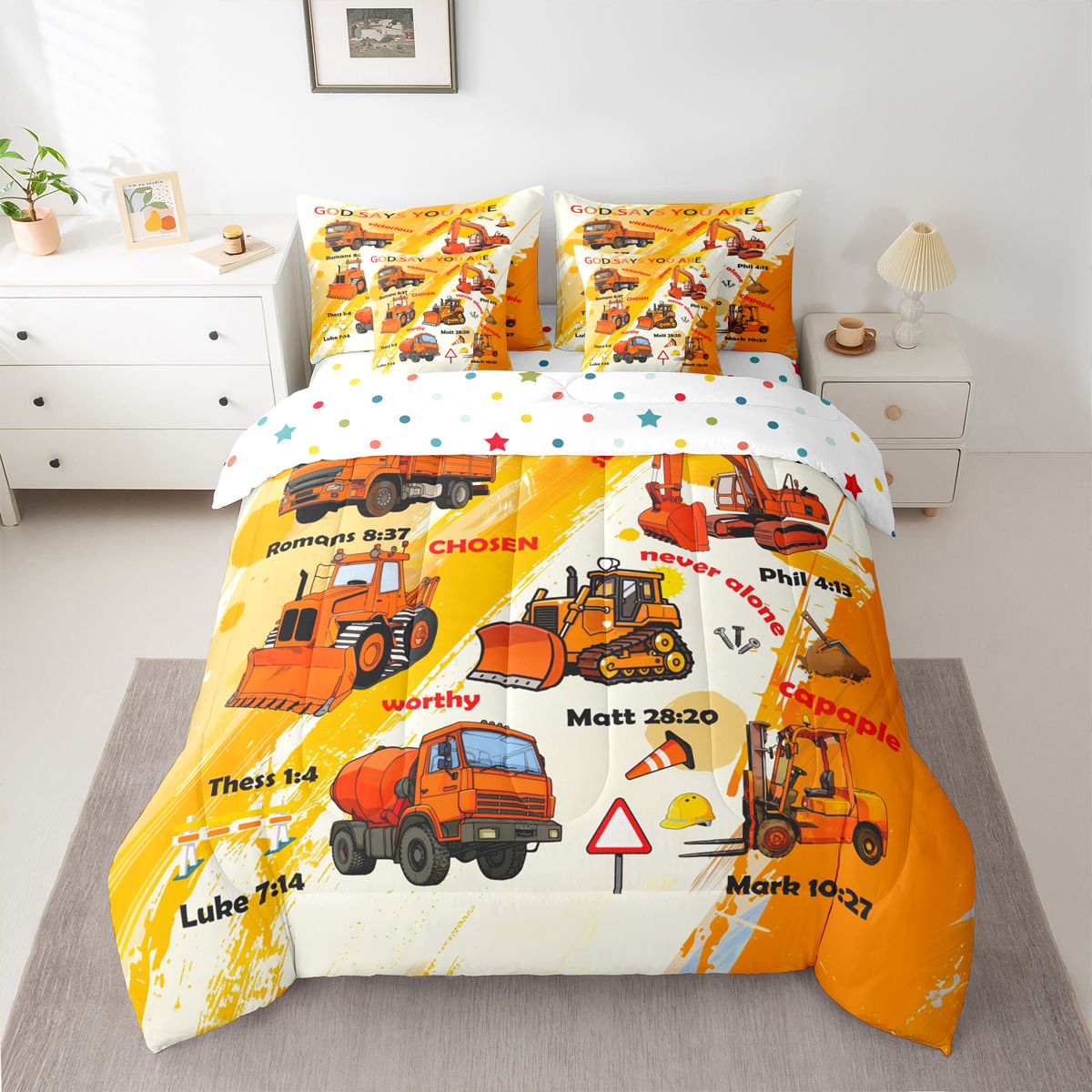 Manfei Orange Graffiti 7-Piece Bedding Comforter Set,Excavator Bulldozer Truck King Bedding Sets,Construction Vehicles Bed Sheets For Boys,Luxury Bedroom Decor Reversible