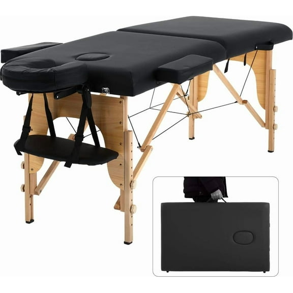 CL.HPAHKL Message Table Massage Bed Portable, 2 Folding Lightweight Lash Bed Esthetician Bed, Tattoo Bed Height Adjustable with Carrying Case Wooden Leg Spa Bed Hold up to 450lbs, Black