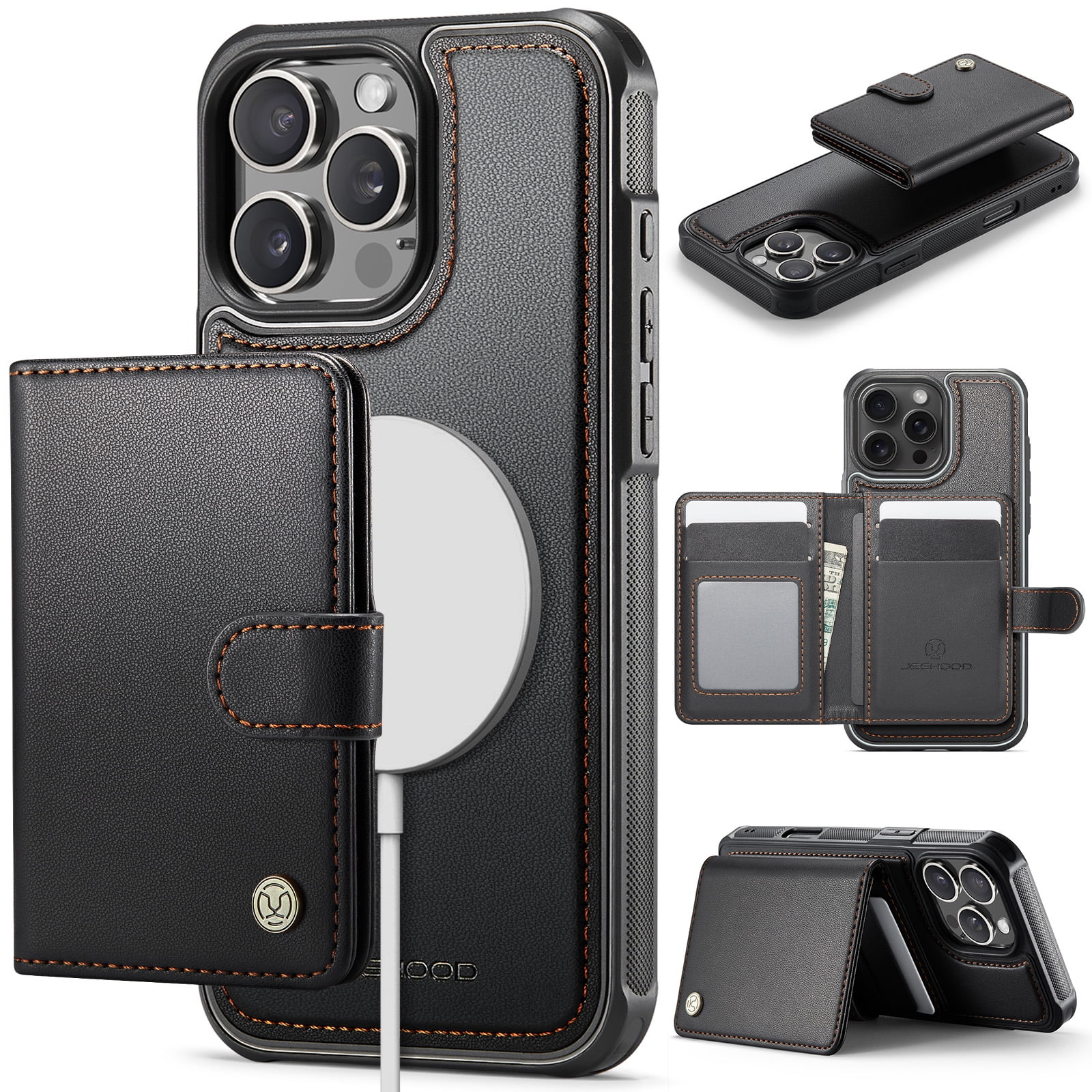 Dteck for iPhone 15 Plus Wallet Case Magnetic Card Holder, RFID Blocking 2 in 1 Detachable Kickstand Shockproof Cover for Women Men Compatible with Magsafe Accessory, Black