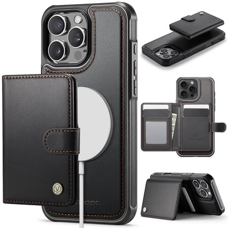 Dteck for iPhone 16 Pro Max Wallet Case Magnetic Card Holder, RFID Blocking 2 in 1 Detachable Kickstand Shockproof Cover for Women Men Compatible with Magsafe Accessory, Black