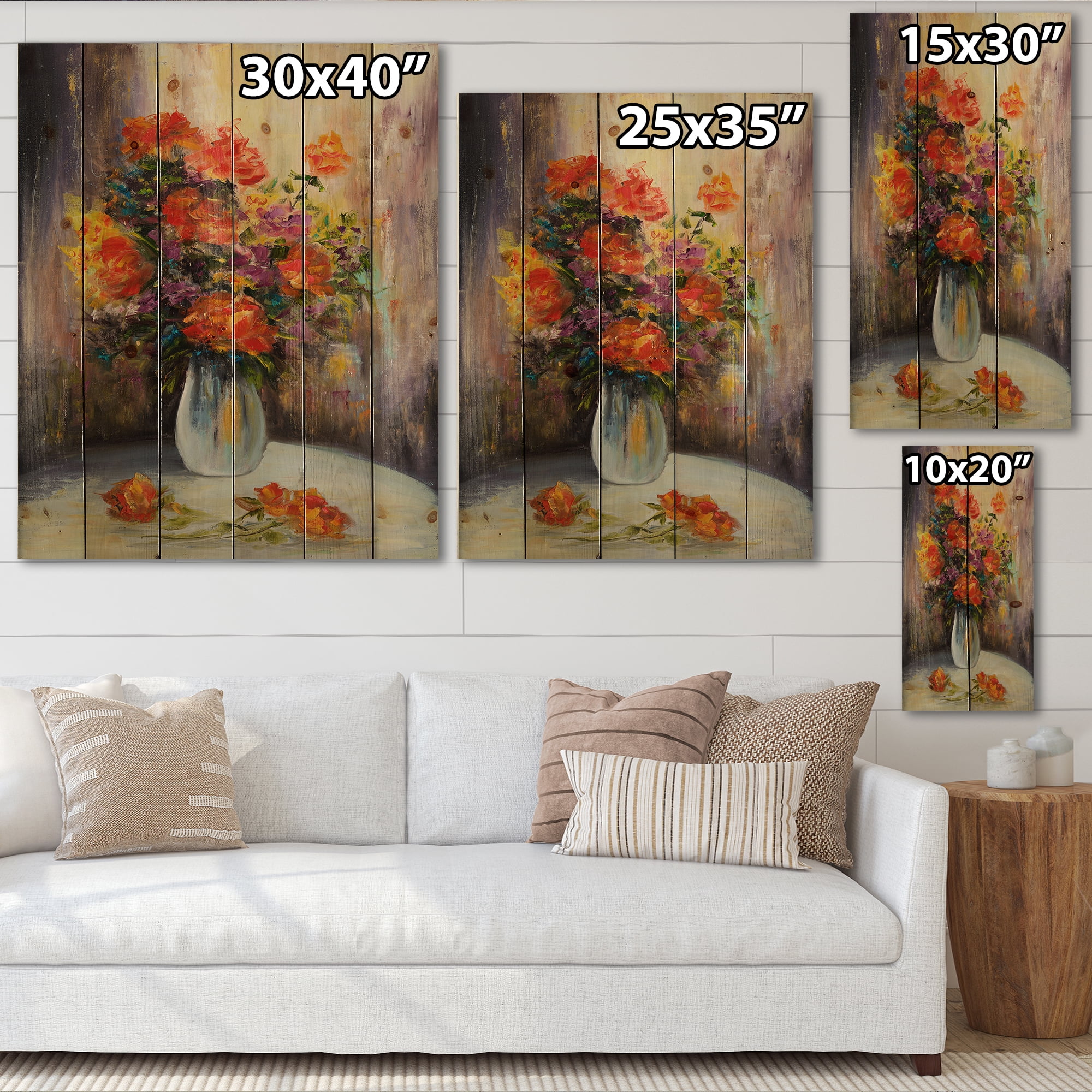 Designart 'Still Life Bouquet With Yellow and Red Flowers' Traditional Print on Natural Pine Wood