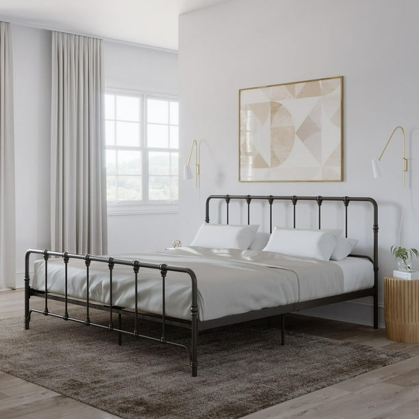 Mainstays Farmhouse Metal Bed, King Size Bed Frame, Grey