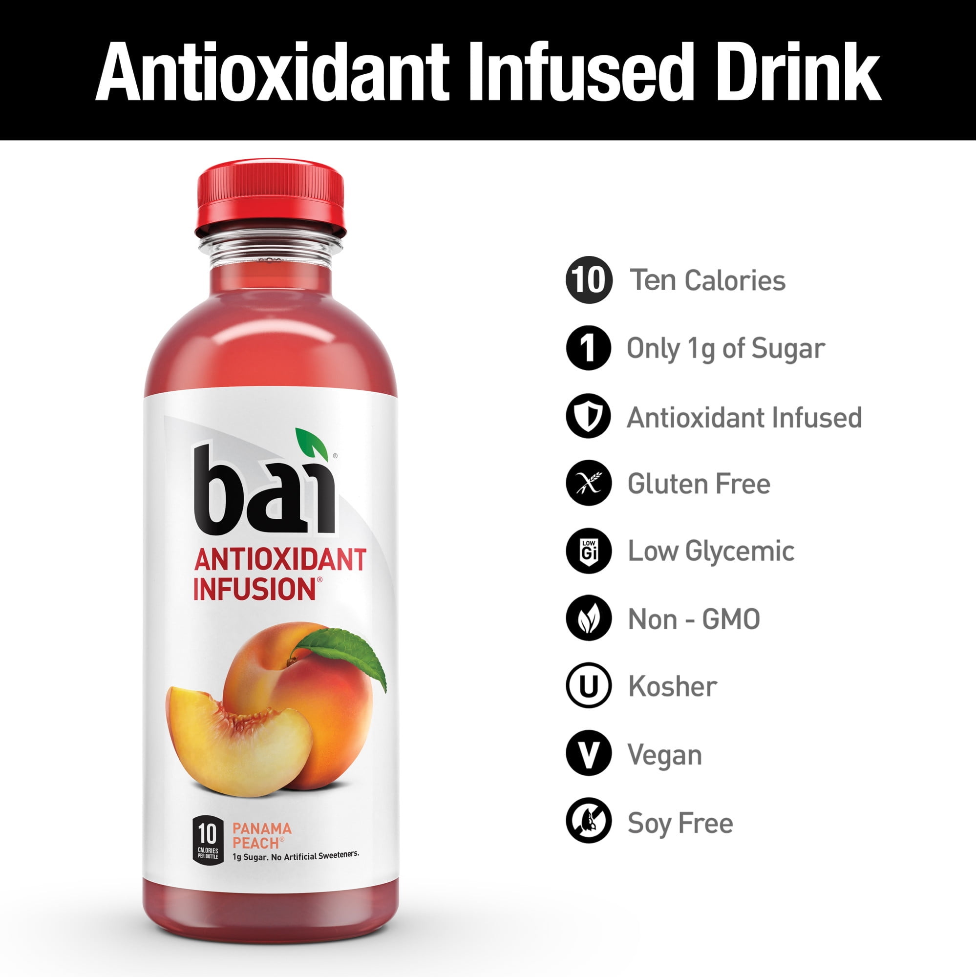 Bai Gluten-Free, Panama Peach, Antioxidant Infused Drink, 18 Fl Oz, 12 Pack Bottles