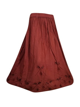 Mogul Deep Red Floral Embroidered Rayon Long Skirts