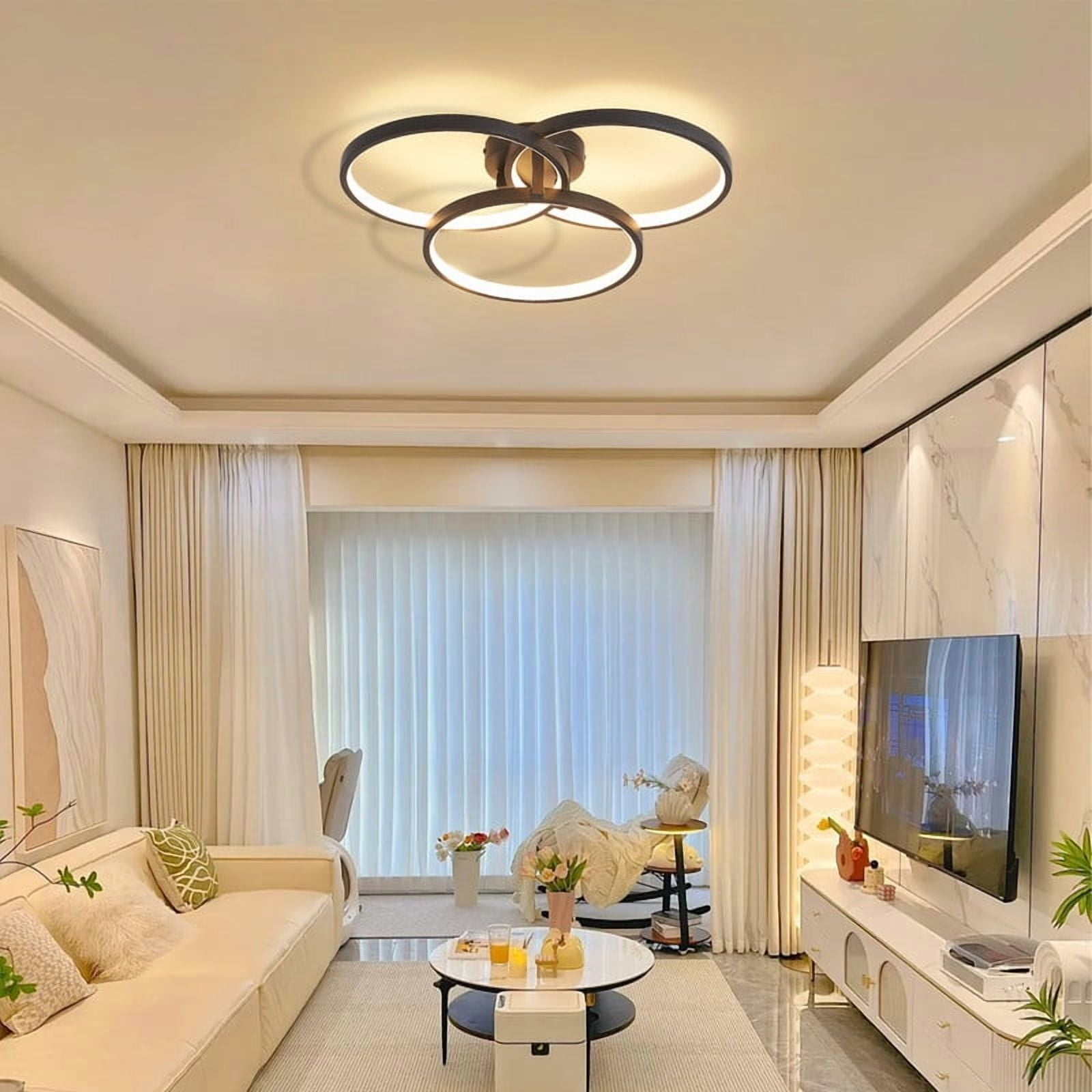 Modern Black LED Chandelier, 20-Inch 3-Ring Pendant Light Fixture, Flush Mount Ceiling Light for Dining Room, Kitchen Island, Bedroom or Living Room, Sleek and Energy-Efficient
