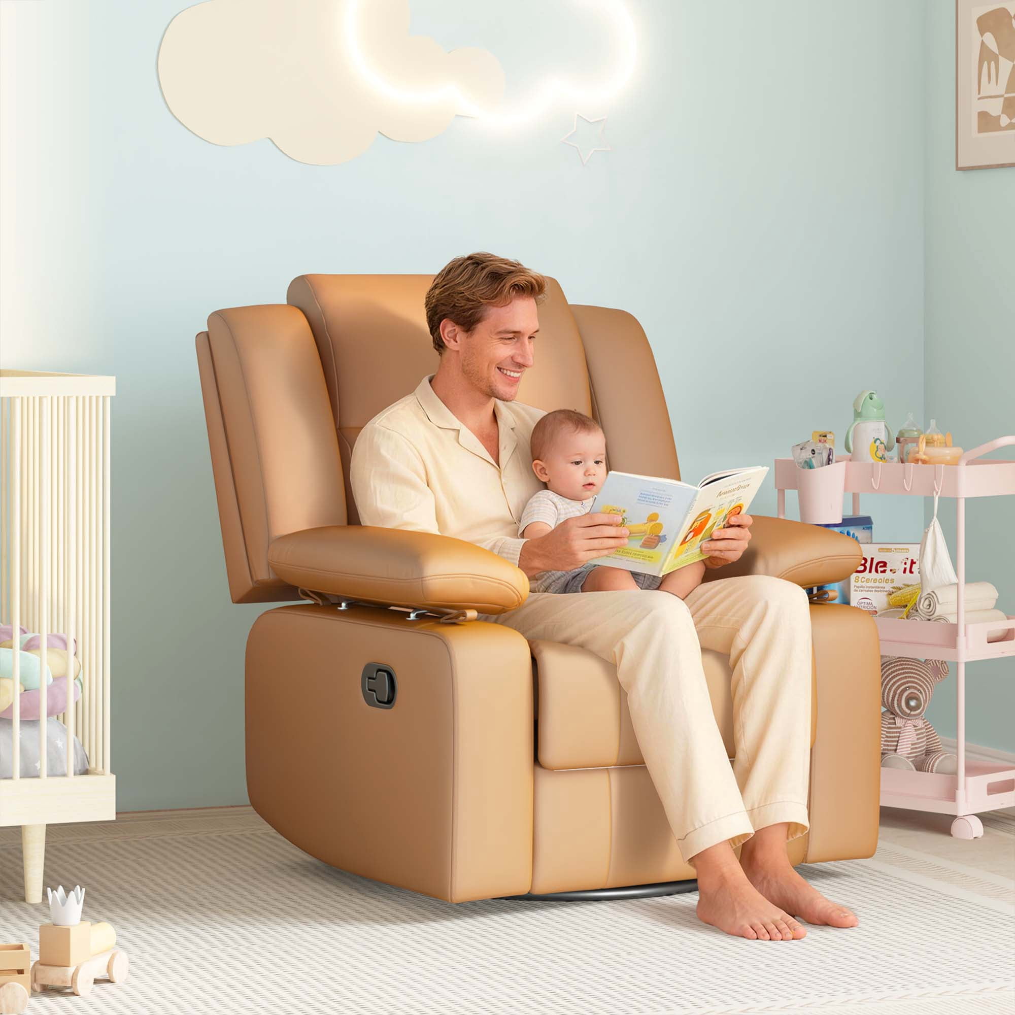 LAZZO Recliner Chair with Adjustable Armrest and Headrest, Upholstered Swivel Rocking Chair for Nursery & Living Room, Brown