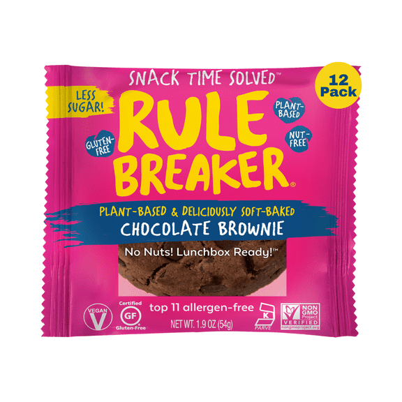 Rule Breaker Snacks Chocolate Brownie 12-Pack | Vegan, Gluten-Free, Nut-Free, Top 11 Allergen-Free | Individually Wrapped 1.9-oz Brownies