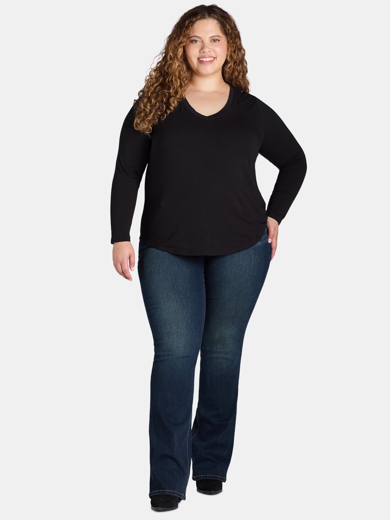 Terra & Sky Women’s Plus V Neck Tee with Long Sleeves, Available in 1 and 3-Packs, Sizes 0X-5X