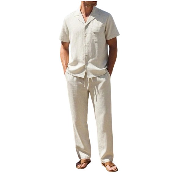 Eryao Set for Men 2 Piece Outfit Casual Summer Short Sleeve Button Down Shirts Matching Drawstring Jogger Pants with Pockets Lightweight Comfy Athletic Workout Sets,White,XXL