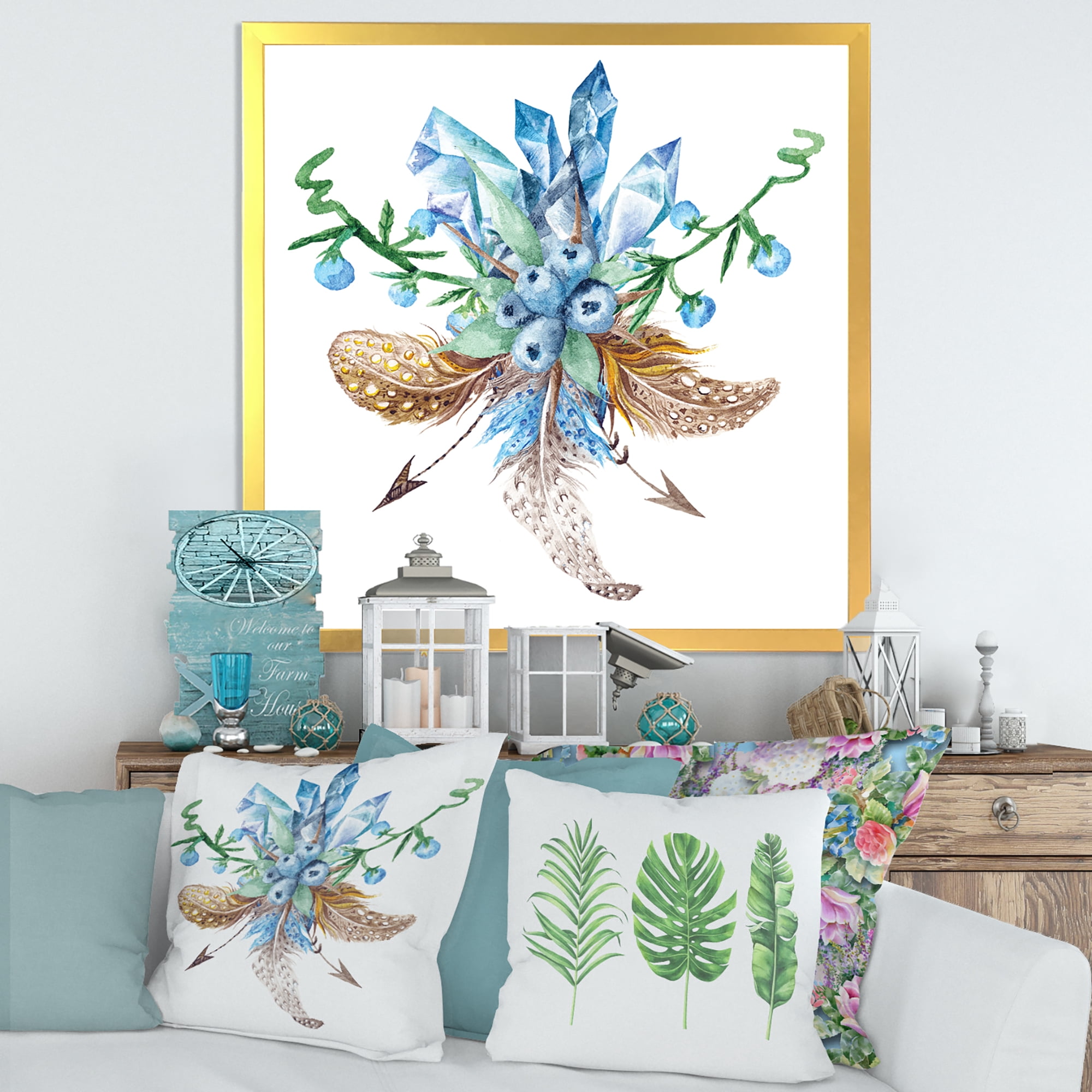 Designart 'Fresh Tribal Vignette Wild Forest Wreath Design On White I' Traditional Framed Art Print