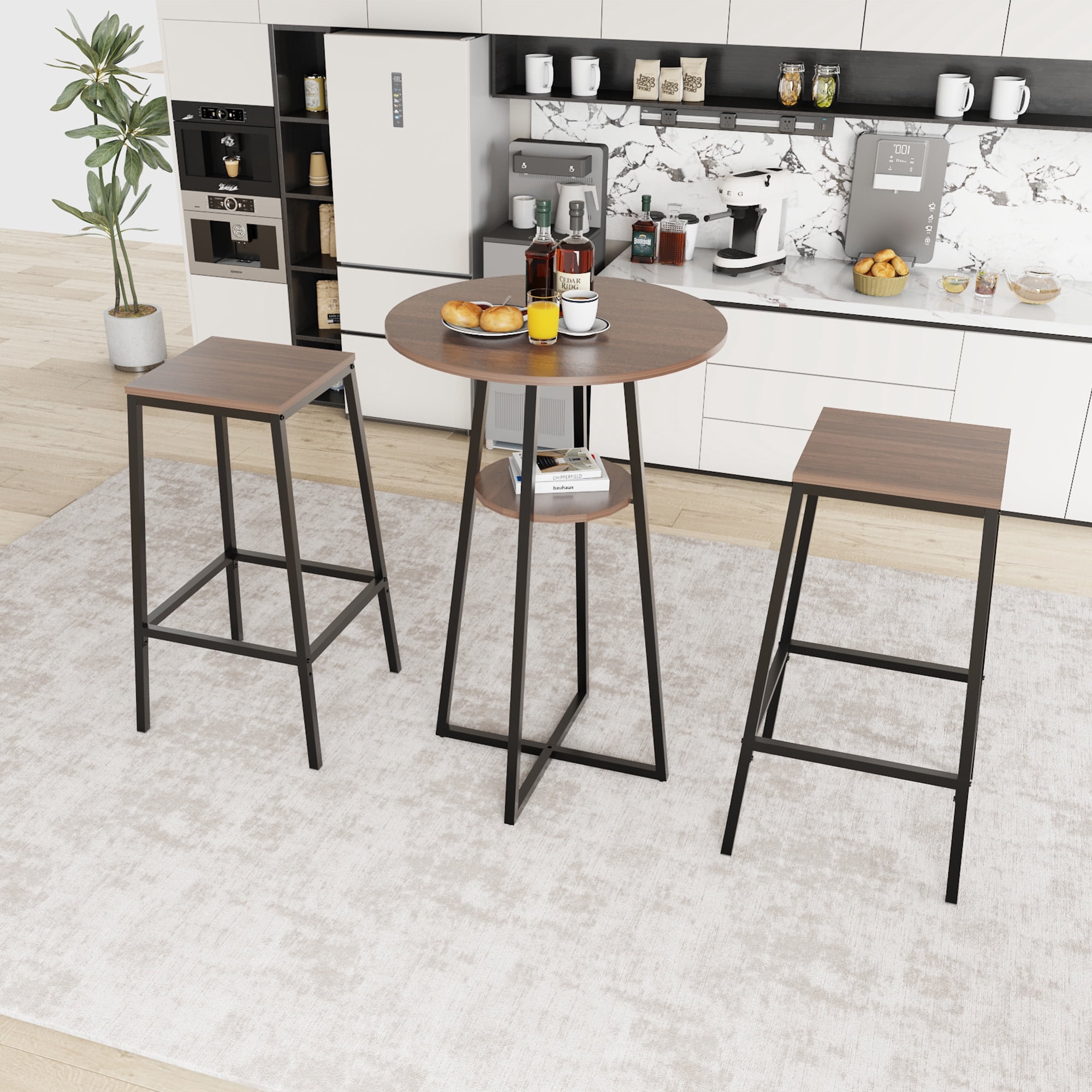 3 Piece Round Counter Height Bar Table Set With 2 Backless Bar Stools, Pub Bistro Table With Middle Storage Shelf, Industrial Wood Frame High Dining Table For Balcony, Kitchen & Small Apartment Home