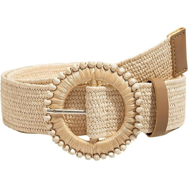Zhengup Women's Round Buckle Elastic Straw Belts Boho Waist Belt
