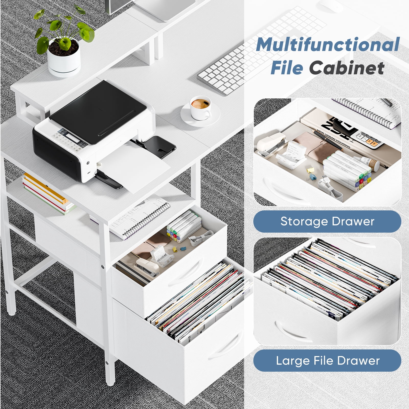 CONCETTA Modern L-Shaped Computer Desk with Power Outlet, Reversible Gaming Desk with Fabric Drawer & 2 Monitor Stands for Home Office, White