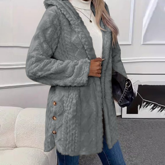Bzdzmqm Womens Hooded Long Sleeve Button Down Open Front Coats Fall Winter Casual Basic Solid Warm Jacket for Daily Wear Cozy Outerwear, Gray XL
