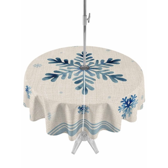 Outdoor Tablecloth with Umbrella Hole and Zipper, Christmas Snowflake Blue Round Table Cloth 54 Inch Waterproof Tablecloth, Winter Stripe Xmas Texture on Linen Picnic Table Cover for Patio Camping