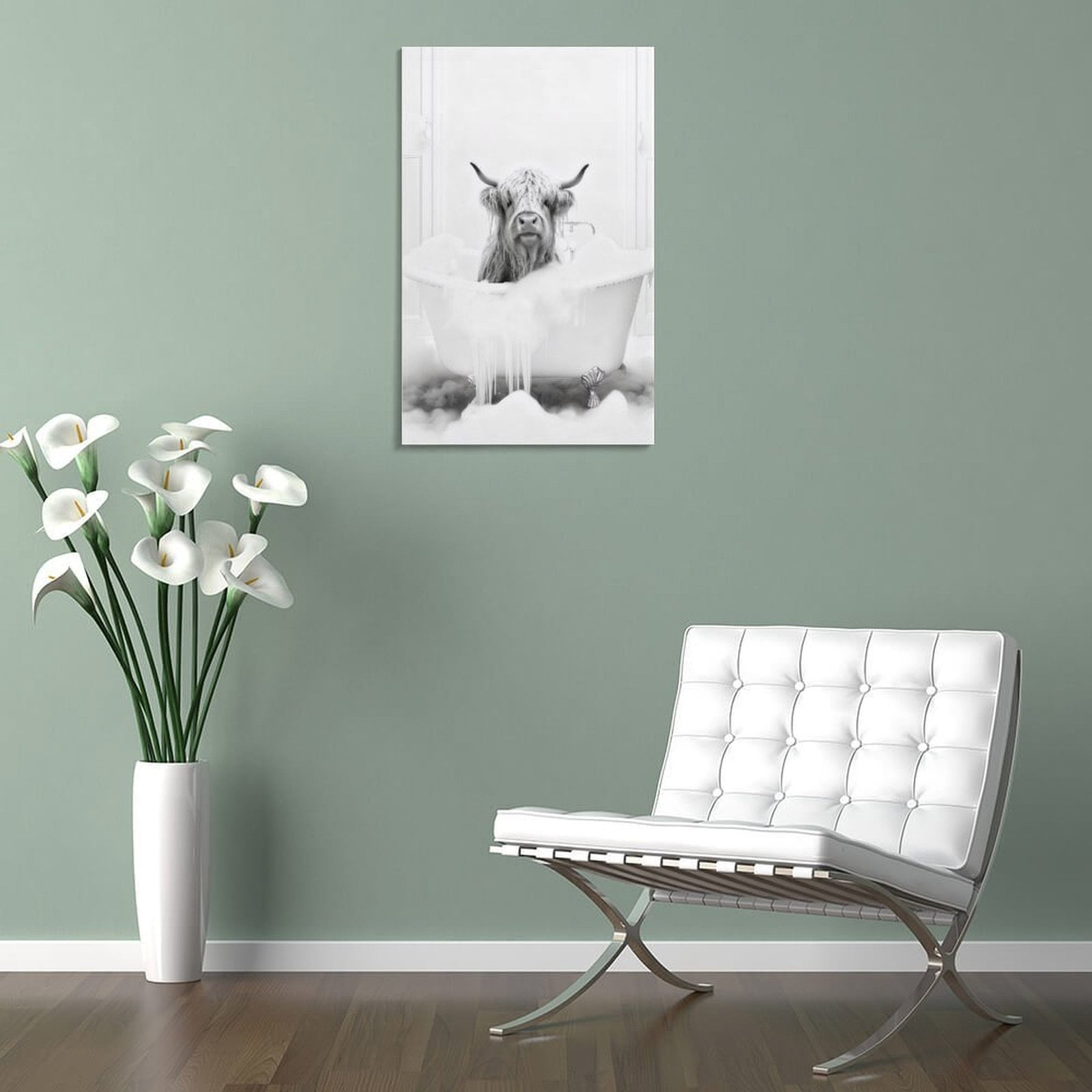 Funny Bathroom Framed Wall Art Black and White Animal Canvas Wall Art Prints Highland Cow In Bathtub Pictures Wall Decor Modern Minimalist Humorous Artwork For Restroom