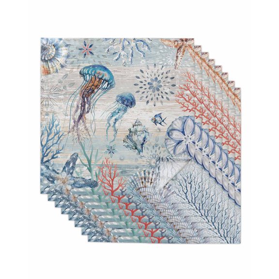 Coastal Jellyfish Cloth Napkins Set of 8 Reusable Dinner Napkins, Blue Nautical Marine Life Conch Coral Cocktail Napkin Washable Table Napkins for Wedding/Holiday Party/Baby Shower 20"x20"