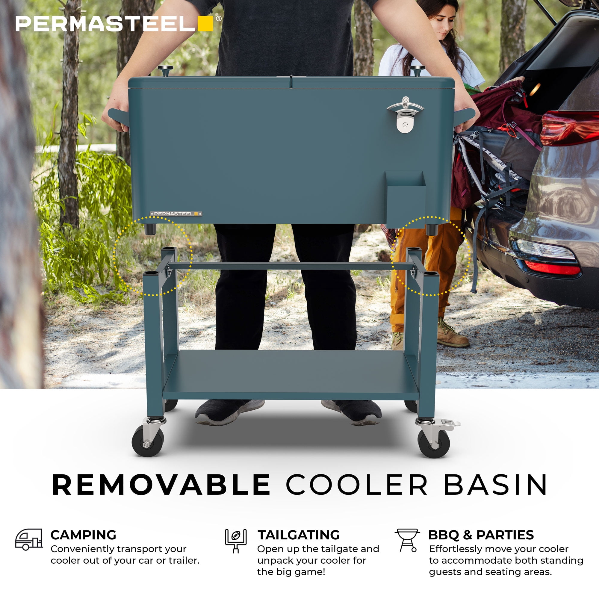 Permasteel 80-Qt Party Cooler with Divider, Removable Basin, Chills 36hrs, Serving Tray, Rolling Steel Ice Chest for Indoor & Outdoor, Matte Teal