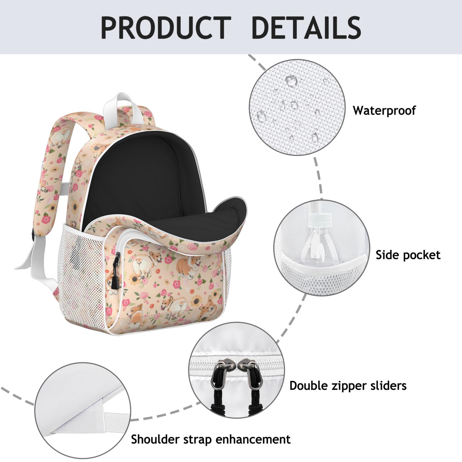 Corgi Dog and Flower Florals Backpack for School,Cute School Bag,Schoolbag with Adjustable Shoulder Straps & Padded Back,15"x11.42"x5.5"