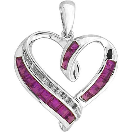 1.24 Carat T.G.W. Lab Ruby and Diamond Accent Heart Shaped Sterling Silver Pendant, 18