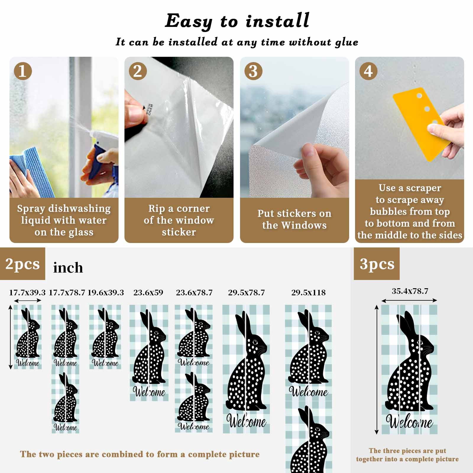 Easter Rabbit Window Privacy Film, Bunny Welcome Frosted Glass Window Clings Static Cling UV Heat Blocking Reusable Door Sticker for Bathroom 23.6 x 59 Inch
