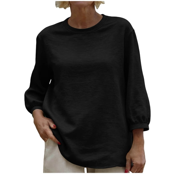 Womens T-Shirts Sevevn Women's Casual 3/4 Sleeve Crew Neck Loose Fit Shirt Top Black S
