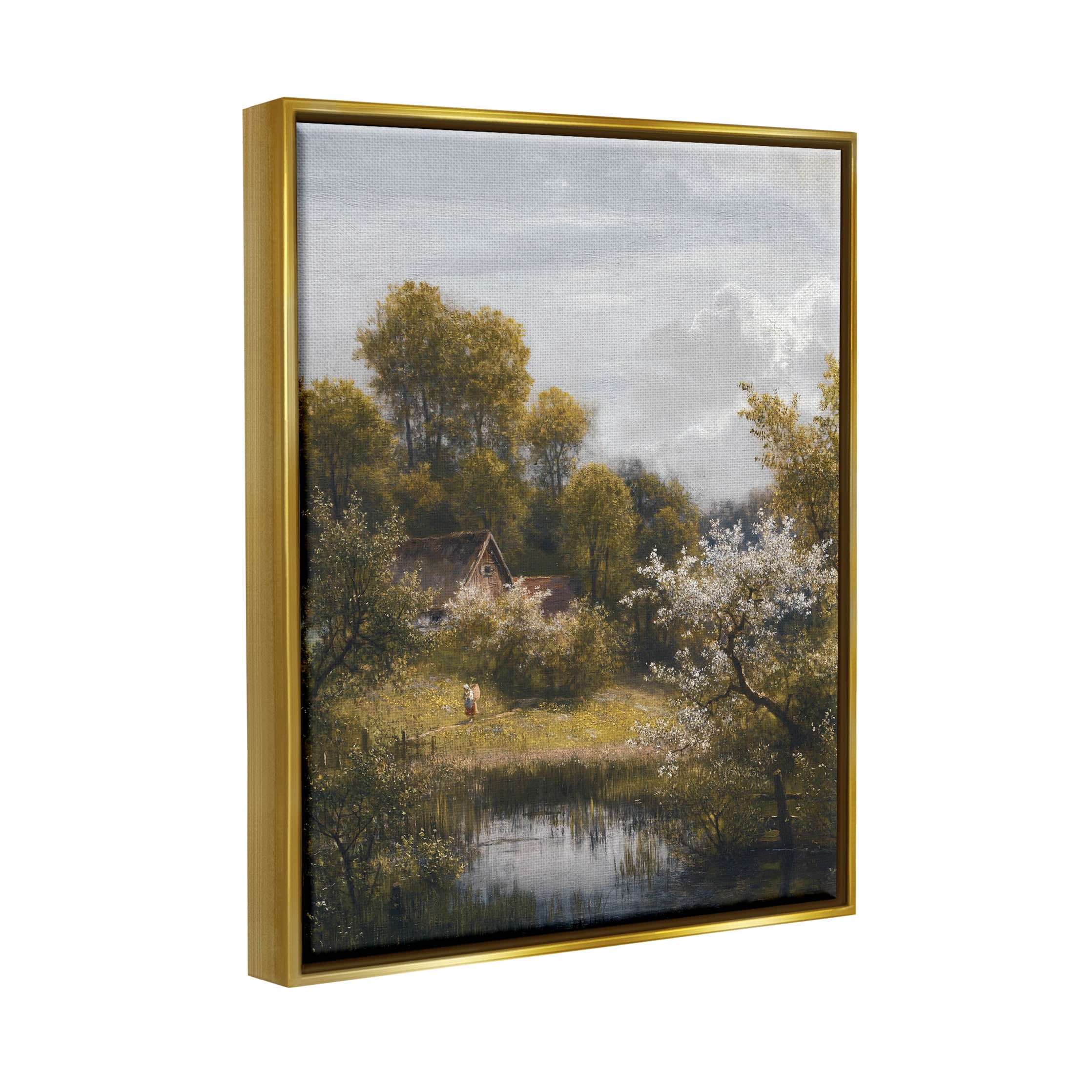 Classic Cottage Backyard Pond Landscape Painting Metallic Gold Framed Art Print Wall Art