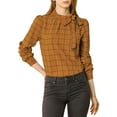 thumbnail image 5 of MODA NOVA Junior's Bow-Tie Neck Checks Printed Long Sleeves Blouse Brown S, 5 of 5