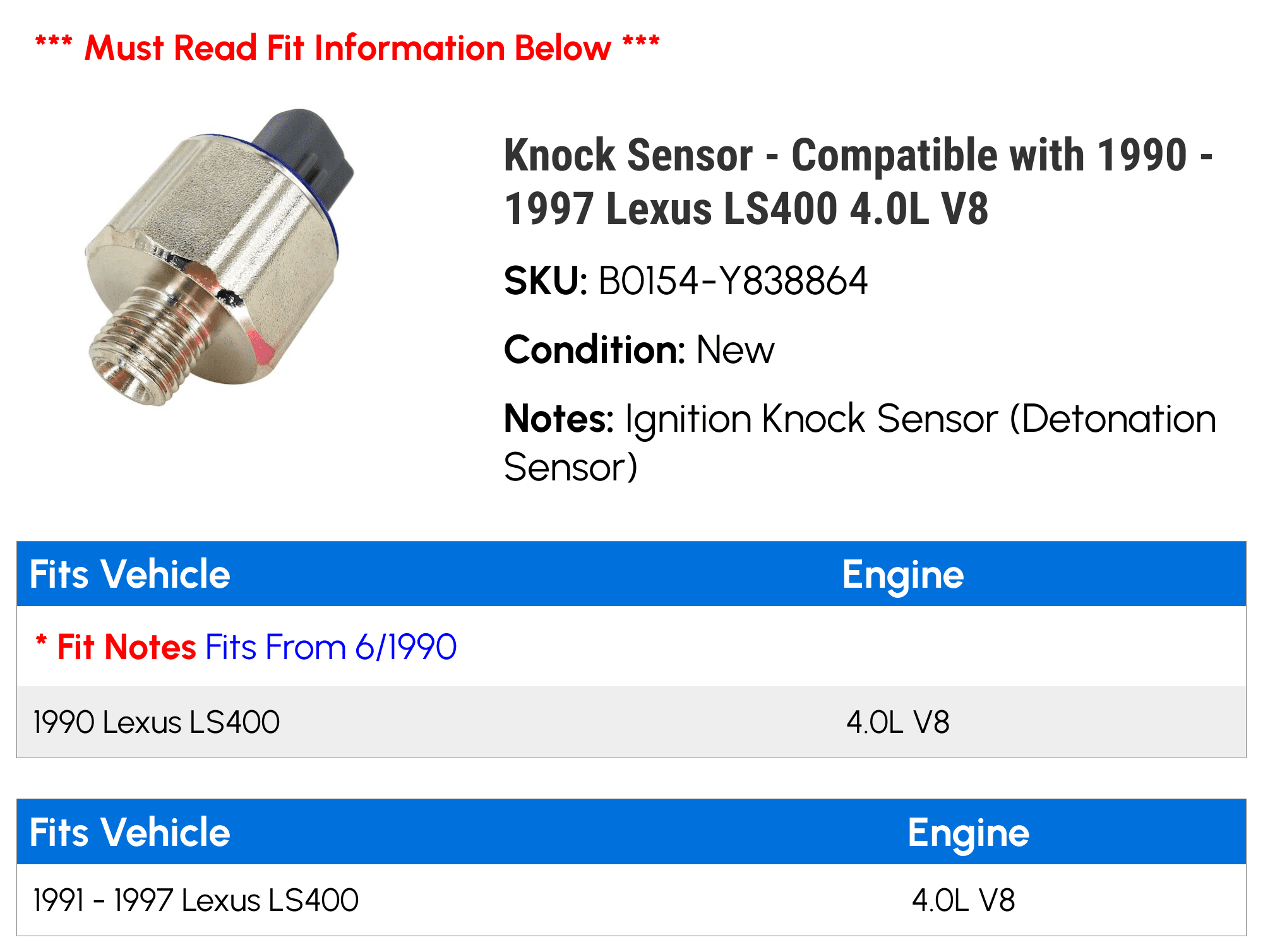 Knock Sensor - Compatible with 1990 - 1997 LS400 4.0L V8 1991 1992 1993 1994 1995 1996