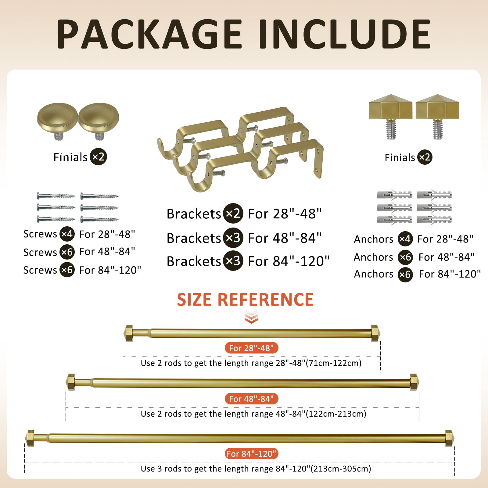 Ridicili 5/8" Telescoping Double Curtain Rods with Octagonal Finials, Gold, 28"-48", 5/8 Inches Front and 1/2 Inches Back Double Window Drapery Rod