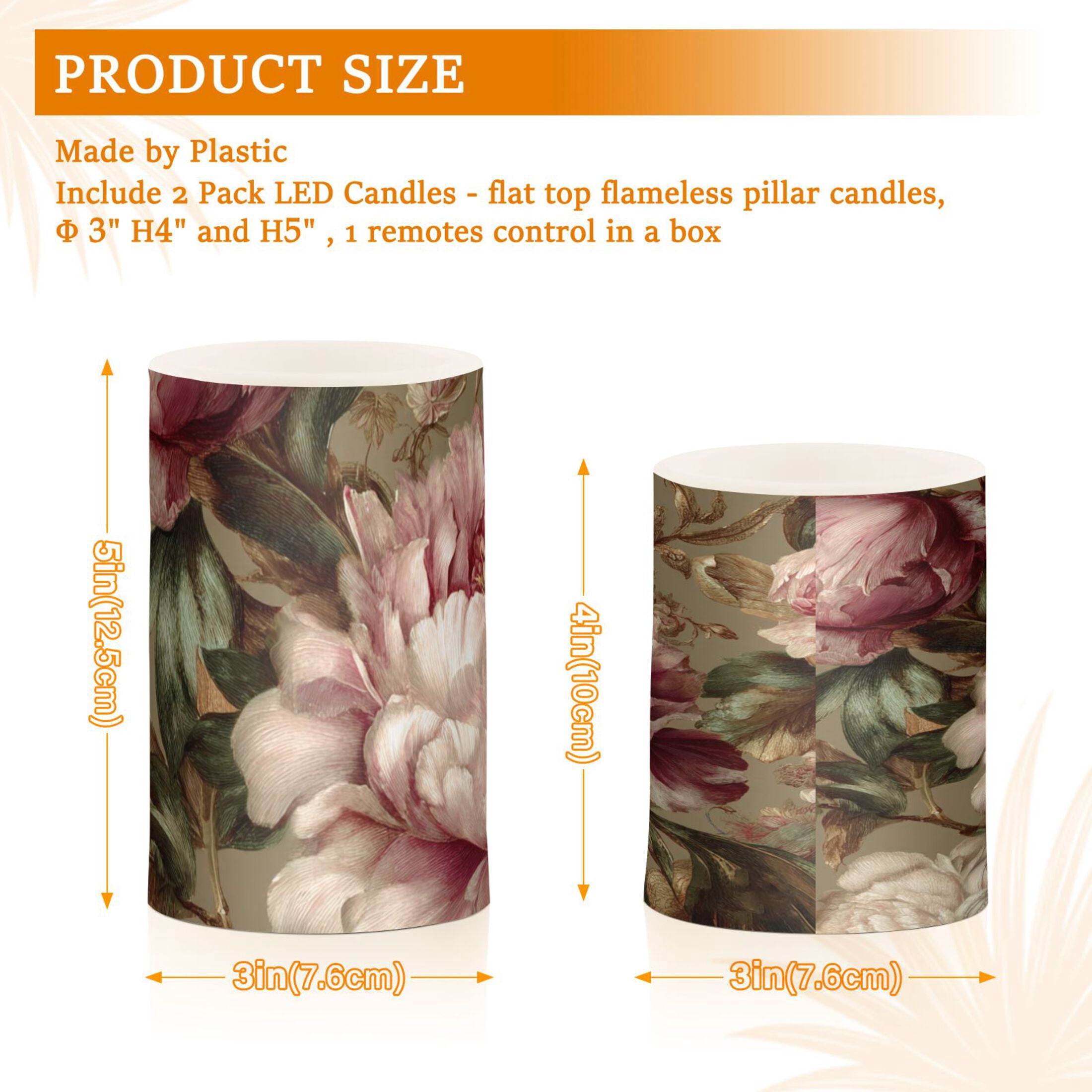 Peony Flickering Flameless Candles Battery Operated with Remote Timer LED Pillar Candles Set of 2