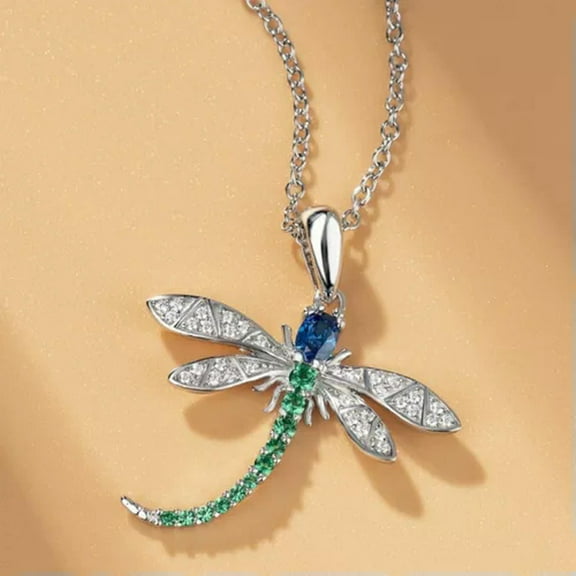 Pretty Dragonfly 925 Silver Necklace Pendant Cubic Zirconia Women Party Jewelry