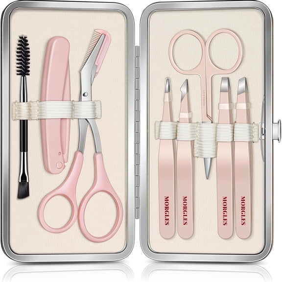 MORGLES Tweezers for Women Facial Hair, 8 in 1 Eyebrow Kit with Tweezers, Eyebrow Trimmer Scissors, Razor, Brush with Travel Bag, Hair Plucking Daily Beauty Tools
