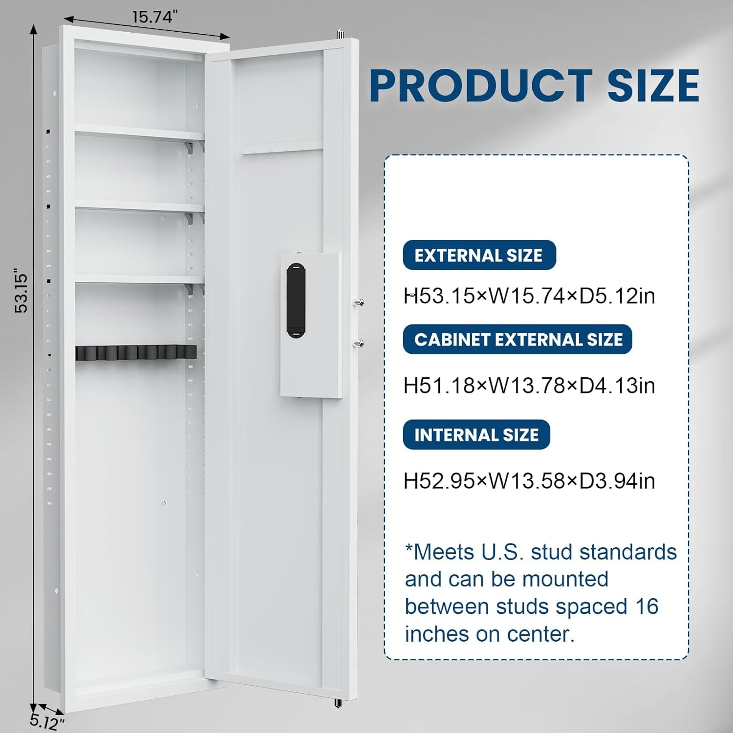 53.15" Tall Wall Safe Between the Studs 16" Centers, Hidden Wall Safes With Removable shelfs and Adjustable Gun Rack, Digital Keypad Wall Gun Safe for Home Cash, Jewelry, Documents - White